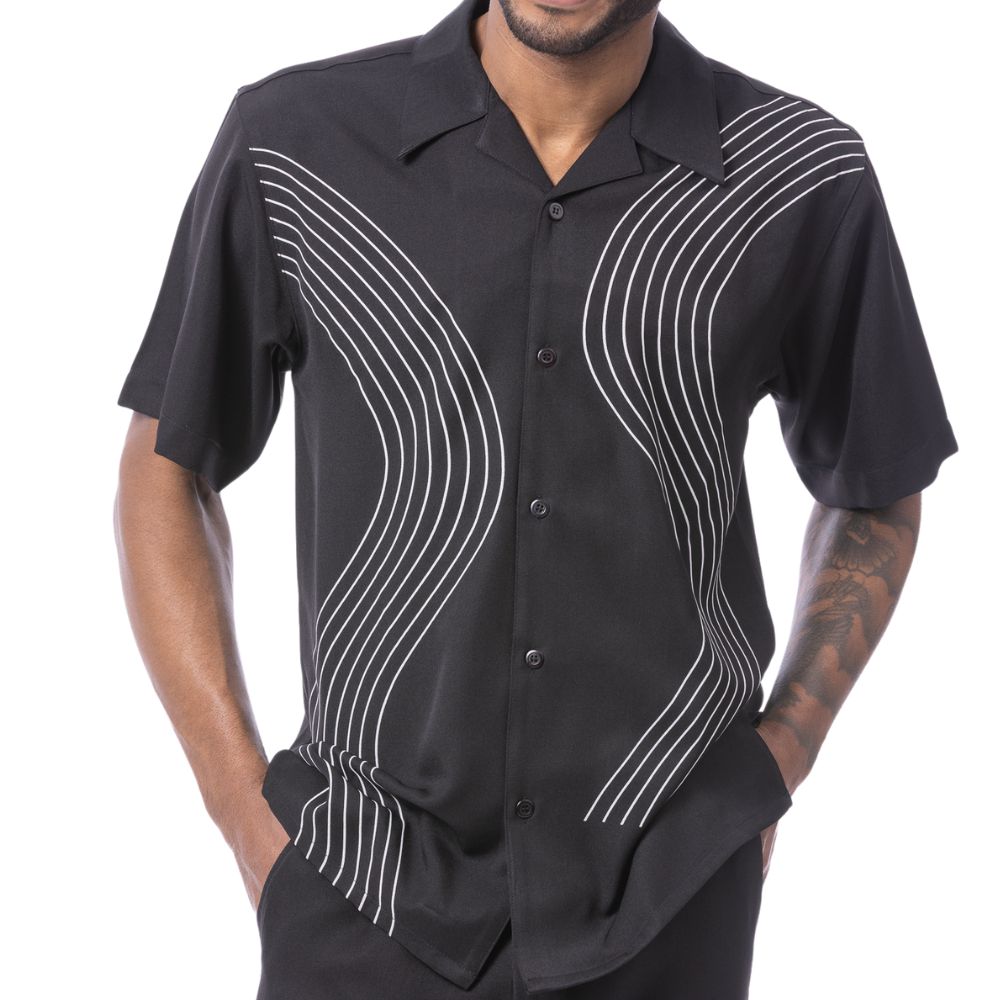 Black polyester men's walking suit short sleeve shirt front view showing the smooth fabric and clean finish.