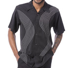 Black polyester men's walking suit short sleeve shirt front view showing the smooth fabric and clean finish.