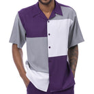 Front view of the purple and grey short sleeve men's walking suit shirt showing the smooth fabric. 