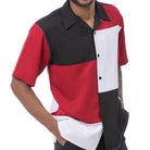 Front view of the black and red short sleeve men's walking suit shirt showing the smooth fabric. 