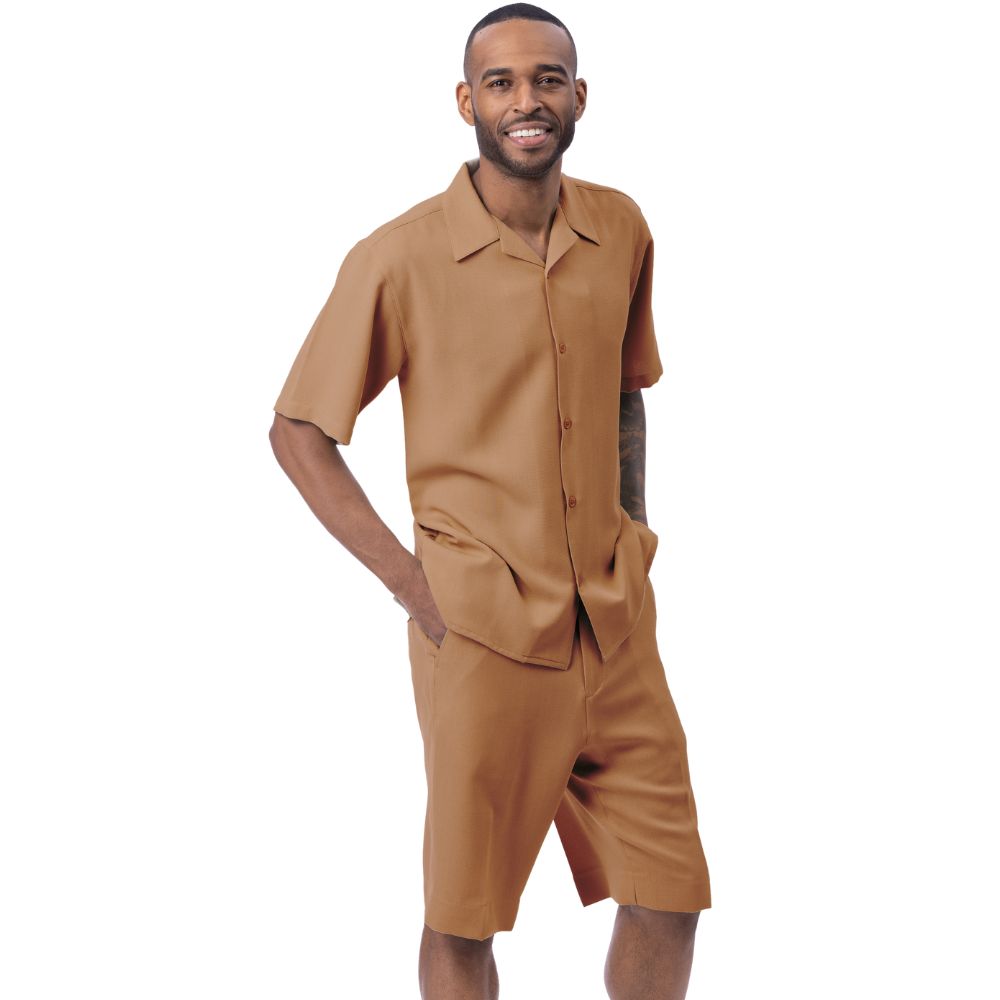 Montique Cappuccino Linen-Look Walking Suit Shorts Set | Suits & More