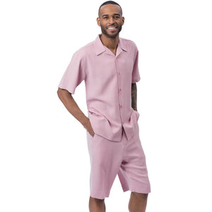 Blush Linen Look Short Sleeve Walking Suit Shorts Set by Montique