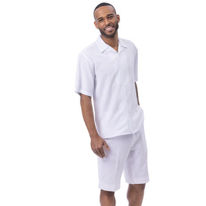 White Linen Look Short Sleeve Walking Suit Shorts Set by Montique