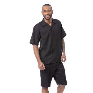 Black Linen Look Short Sleeve Walking Suit Shorts Set by Montique