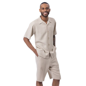 Beige Linen Look Short Sleeve Walking Suit Shorts Set by Montique