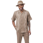 Khaki polyester men's walking suit short sleeve 2-piece set with matching pants and hat