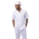 White polyester men's walking suit short sleeve 2-piece set with matching pants and hat