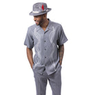 Grey polyester men's walking suit short sleeve 2-piece set with matching pants and hat
