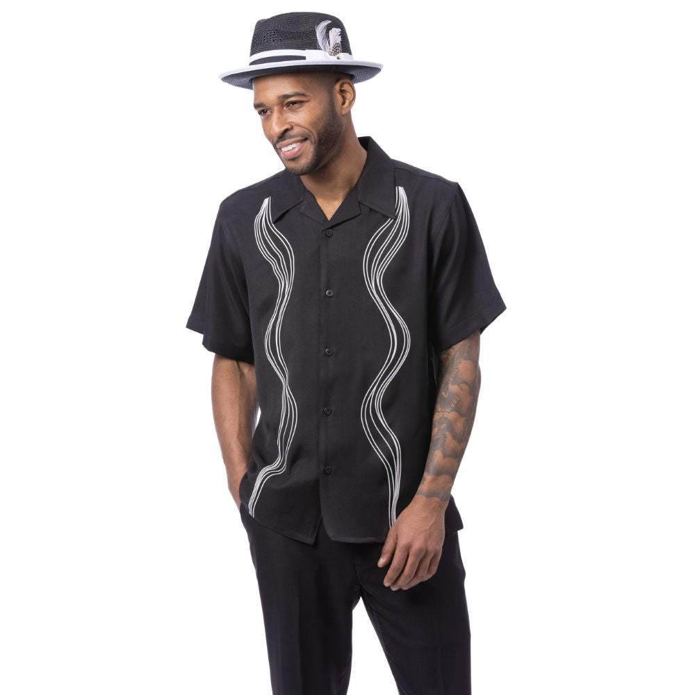 Black polyester men's walking suit short sleeve 2-piece set with matching pants and hat