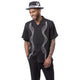 Black Short Sleeve Walking Suit Set with Wavy Panel Design by Montique