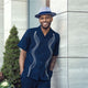 Navy Short Sleeve Walking Suit Set with Wavy Panel Design by Montique