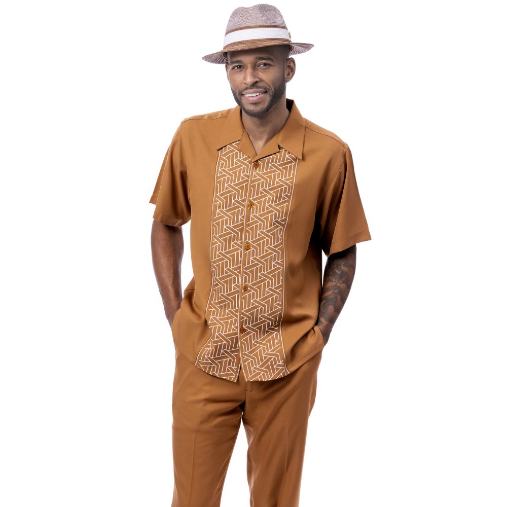 Cappuccino polyester men's walking suit short sleeve 2-piece set with geometric block panel puff design.