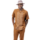 Cappuccino polyester men's walking suit short sleeve 2-piece set with geometric block panel puff design.