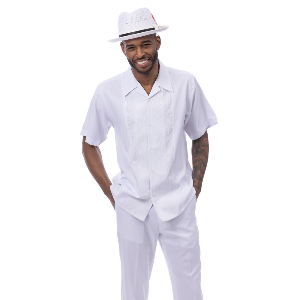 White polyester men's walking suit short sleeve 2-piece set with geometric block panel puff design.