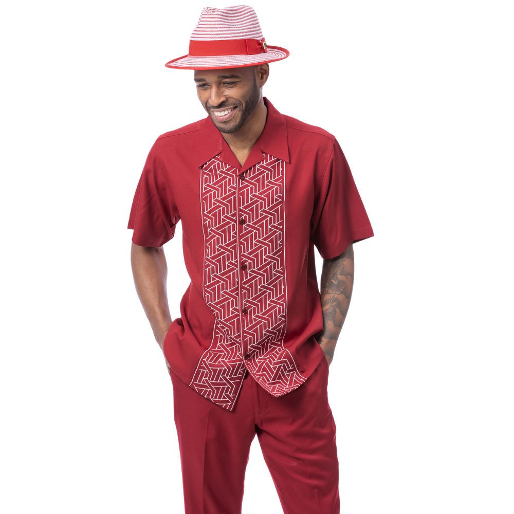 Red polyester men's walking suit short sleeve 2-piece set with geometric block panel puff design.