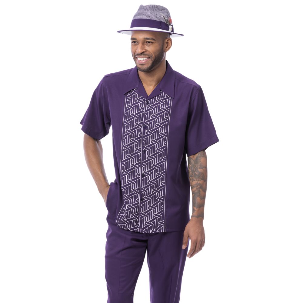Purple polyester men's walking suit short sleeve 2-piece set with geometric block panel puff design.