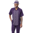 Purple polyester men's walking suit short sleeve 2-piece set with geometric block panel puff design.