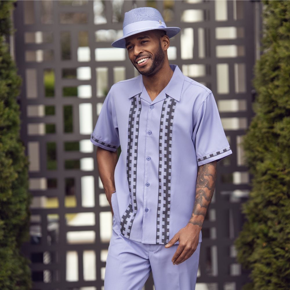 Lilac polyester men's walking suit short sleeve 2-piece set with contrast block panels and matching hat.
