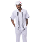 White polyester men's walking suit short sleeve 2-piece set with contrast block panels and matching hat.