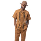 Cappuccino polyester men's walking suit short sleeve 2-piece set with contrast block panels and matching hat.