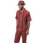 Cognac polyester men's walking suit short sleeve 2-piece set with contrast block panels and matching hat.
