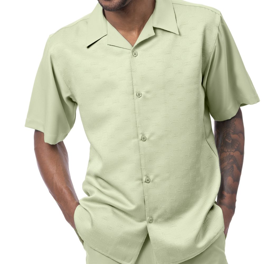 Front view of the mint short sleeve men's walking suit shirt and matching pants on model.