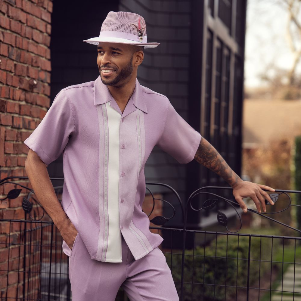 Lavender polyester men's walking suit short sleeve 2-piece set with white woven color-block center panel.