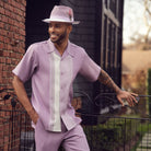 Lavender polyester men's walking suit short sleeve 2-piece set with white woven color-block center panel.