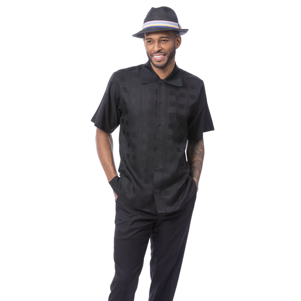 Black polyester men's walking suit short sleeve 2-piece set with textured tone-on-tone weave panels.