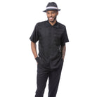 Black polyester men's walking suit short sleeve 2-piece set with textured tone-on-tone weave panels.