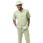 Mint 100% polyester men's walking suit short sleeve 2-piece set with geometric textured shirt and matching pants.