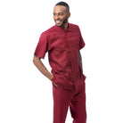 Burgundy polyester men's walking suit short sleeve 2-piece set with textured tone-on-tone weave panels.