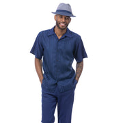 Selvedge Collection: Montique Men's Navy 2-Piece Tone-on-Tone Cable Knit Short Sleeve Set