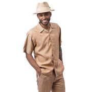 Selvedge Collection: Montique Men's Beige 2-Piece Tone-on-Tone Cable Knit Short Sleeve Set