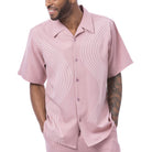 Blush pink polyester men's walking suit short sleeve shirt front view showing the smooth fabric and clean finish.
