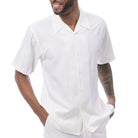 Cream polyester men's walking suit short sleeve shirt front view showing the smooth fabric and clean finish.
