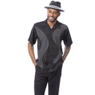 Black polyester men's walking suit short sleeve 2-piece set with puff stitched curved line panels.