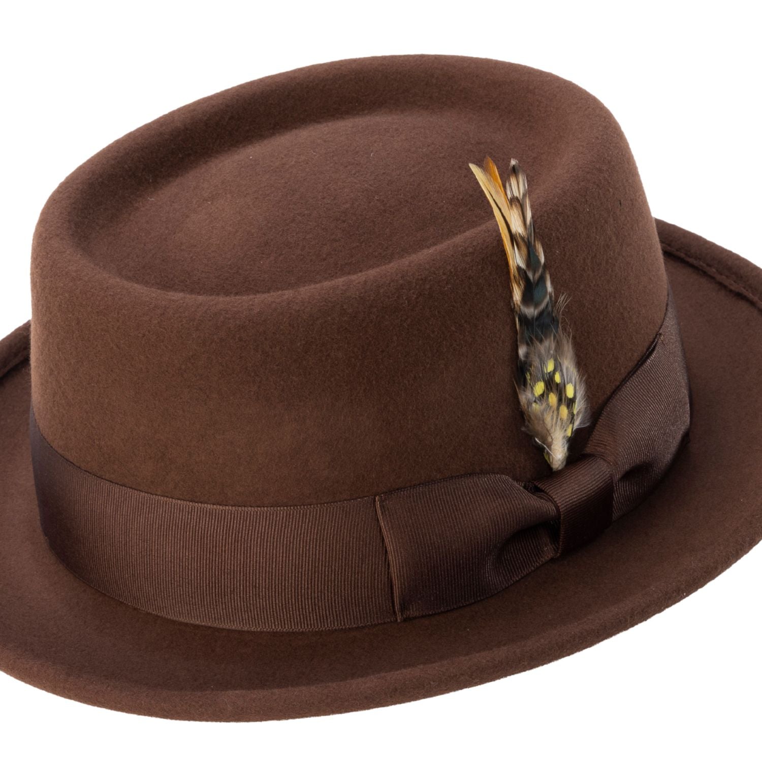 brown pork pie wool felt hat with feather accent by montique