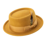 Gold Pork Pie Wool Felt Hat with Feather Accent by Montique