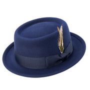 Navy Pork Pie Wool Felt Hat with Feather Accent by Montique