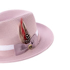 mauve Montique fedora hat with woven texture and wide brim