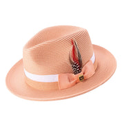 Pelican Collection: Montique Peach Fedora Hat with Two-Tone Grosgrain Ribbon Band and Feather Accent