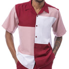 Front view of the ruby and blush short sleeve men's walking suit shirt showing the smooth fabric. 