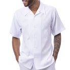White polyester men's walking suit short sleeve close up view