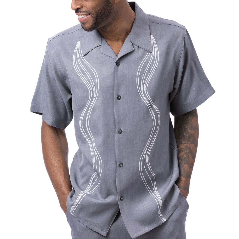 Grey polyester men's walking suit short sleeve back view