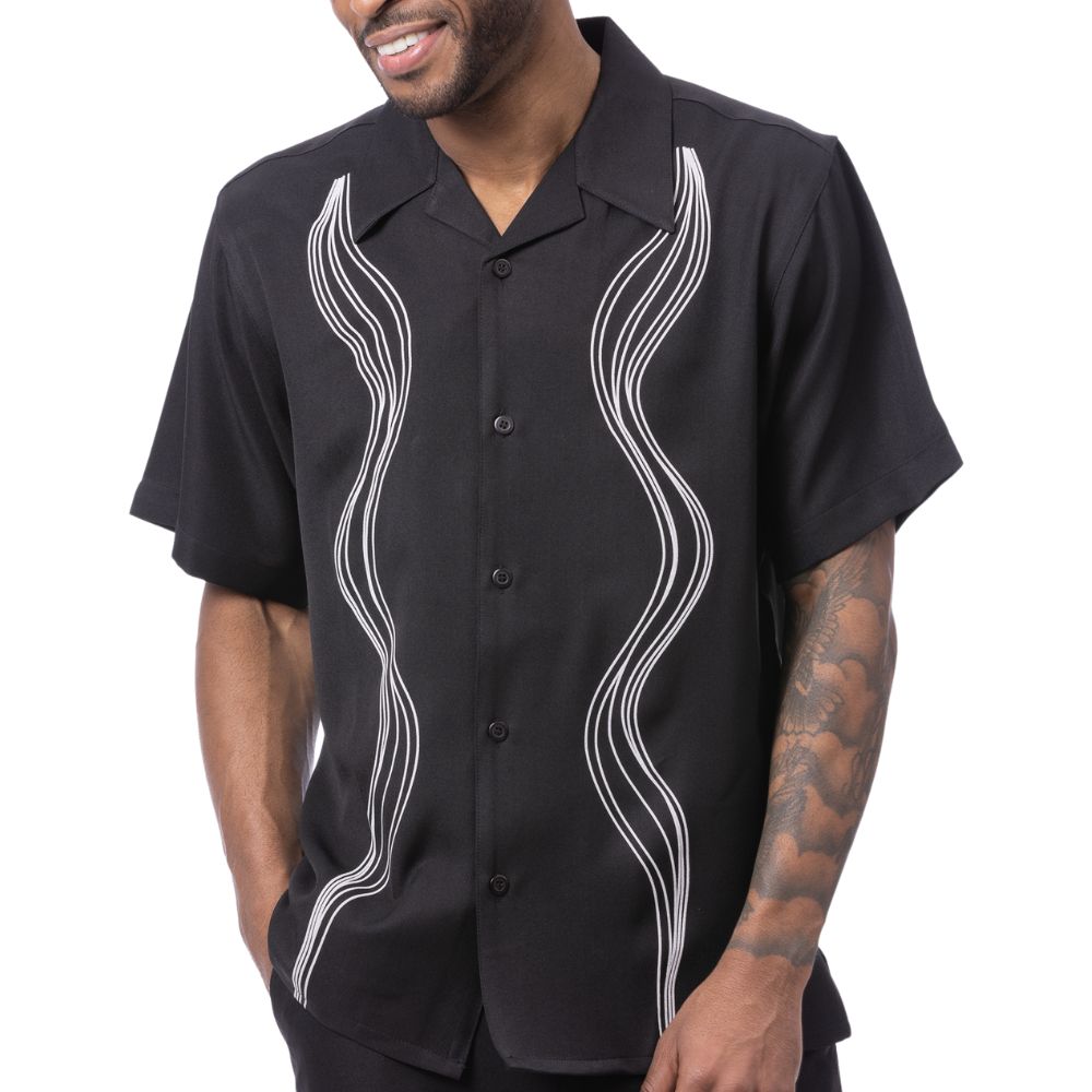 Black polyester men's walking suit short sleeve close up view