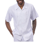 White polyester men's walking suit short sleeve shirt front view.