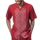 Red polyester men's walking suit short sleeve shirt front view.
