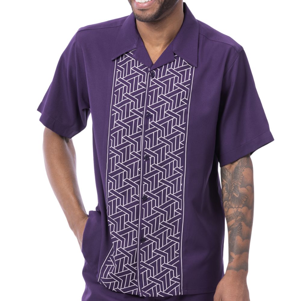 Purple polyester men's walking suit short sleeve shirt front view.