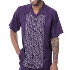 Purple polyester men's walking suit short sleeve shirt front view.